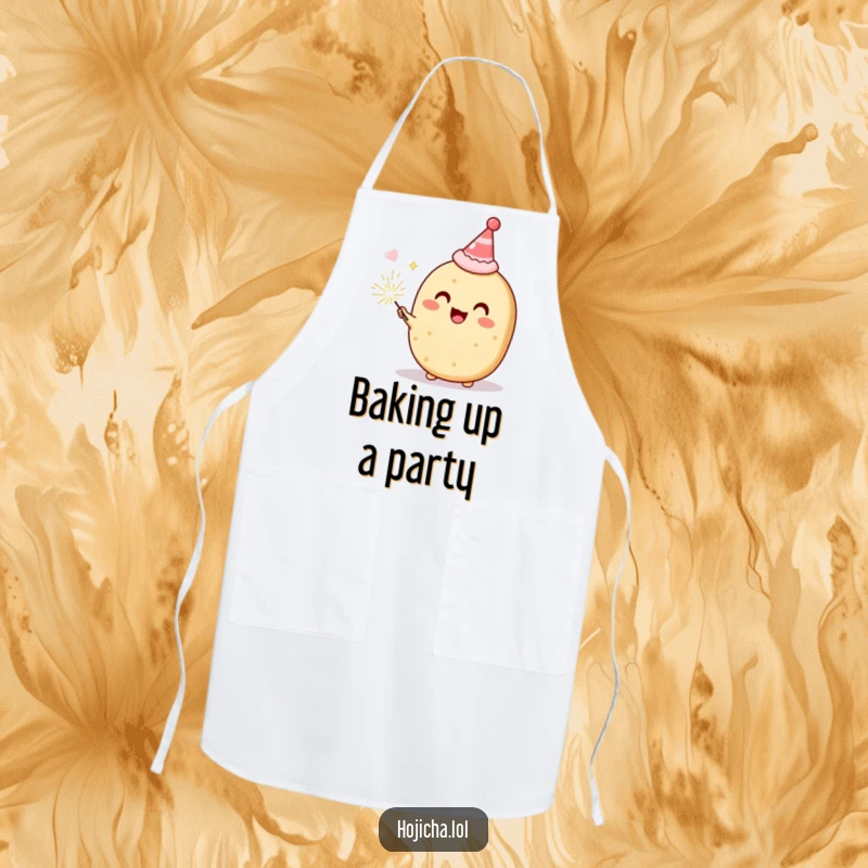Funny Hojicha cookie wearing a tiny party hat and holding a sparkler, delighted, practical apron for humorous kitchen parties, perfect gift.