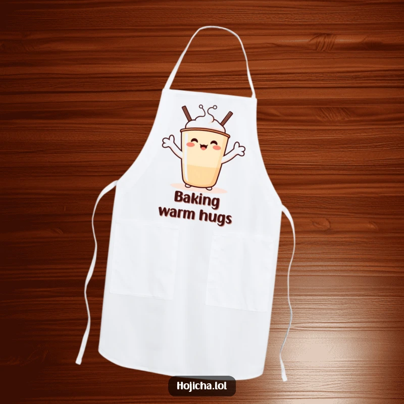 Funny Hojicha Hug Apron: A beaming Hojicha cup character with marshmallow arms stretched wide, perfect for funny kitchen coziness.
