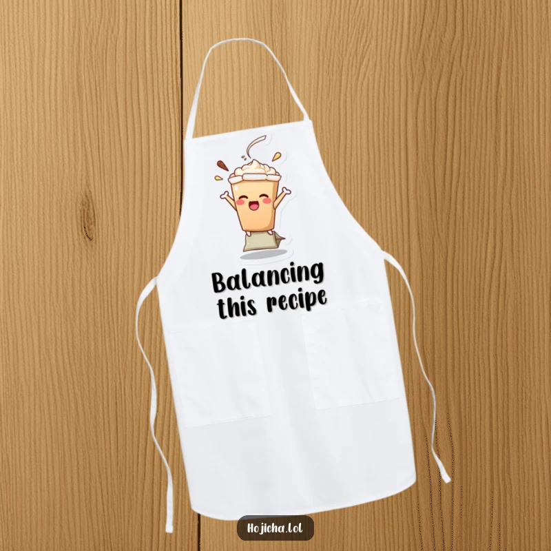 Funny Hojicha latte character performing a funny balancing act on a teabag, practical apron for humorous culinary endeavors, perfect gift.