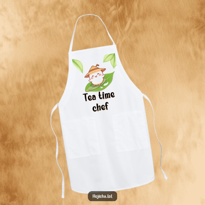Funny mochi surfing a tea leaf, wearing a straw hat, on a kitchen apron.