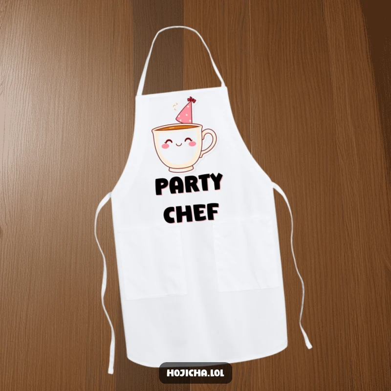 Funny smiling teacup with steam and a party hat, on a kitchen apron for cooking.