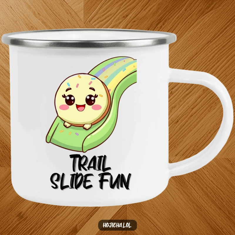 Funny matcha cookie sliding down a sprinkle slide, on an enamel camping mug.