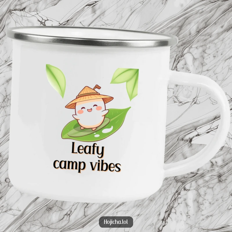 Funny mochi surfing a tea leaf, wearing a straw hat, on an enamel camping mug.