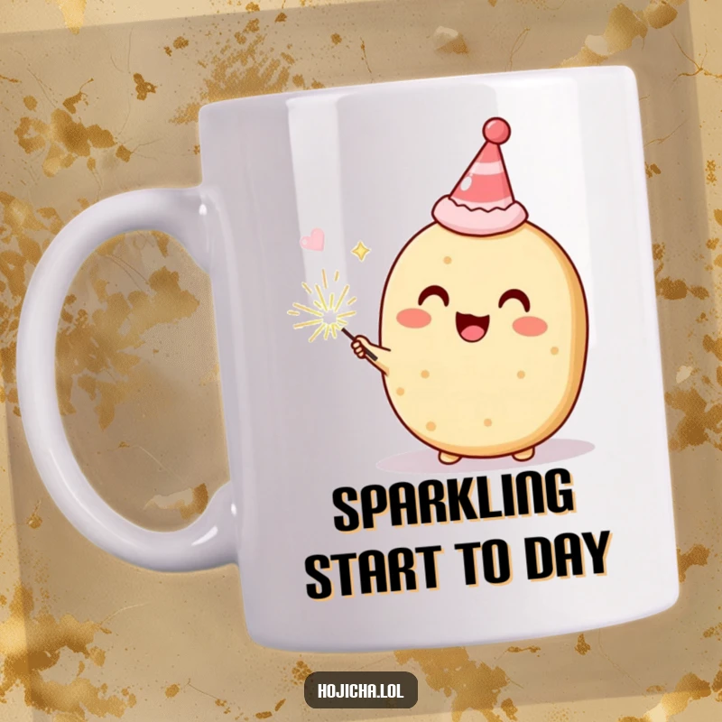 Funny Hojicha cookie character in a party hat with a sparkler, delighted expression, a humorous celebration mug, perfect gift.