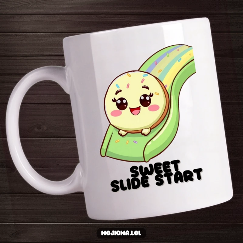 Funny matcha cookie with wide eyes joyfully sliding down a rainbow sprinkle slide on a mug.
