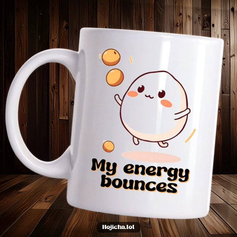 Funny mochi character with legs, juggling soybeans, on a mug for a cheerful start.