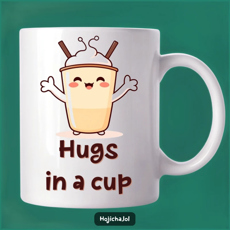 Funny Hojicha Hug Mug: Beaming Character Offering Marshmallow Arms