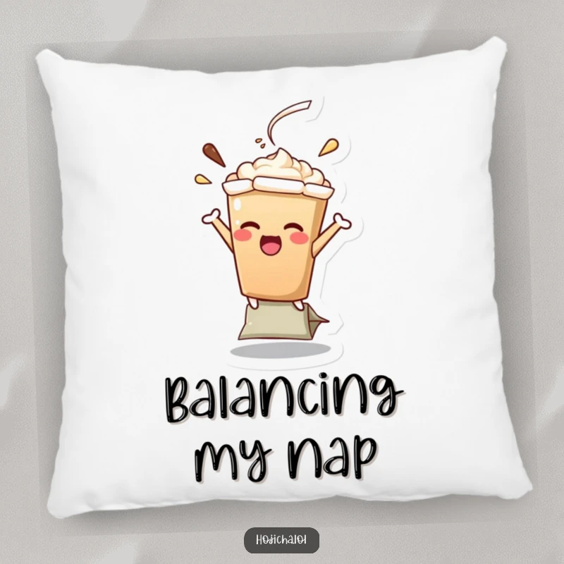 Funny Hojicha latte character in a precarious balancing act on a teabag, soft and cozy pillow for funny home accents, great gift.
