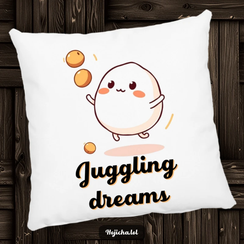 Funny mochi with little legs juggling soybeans, on a soft, decorative pillow.
