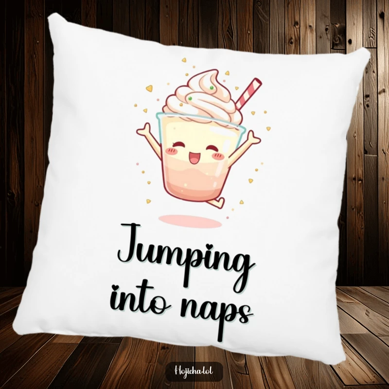 Funny Hojicha parfait character in a joyful jump, scattering sprinkles with glee, soft pillow for humorous sweet comfort, great gift.