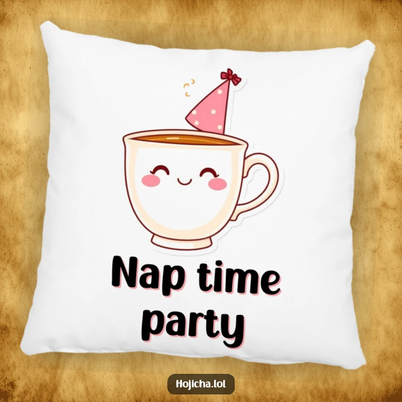 Funny teacup wearing a tiny party hat, with steam swirl, on a decorative pillow.