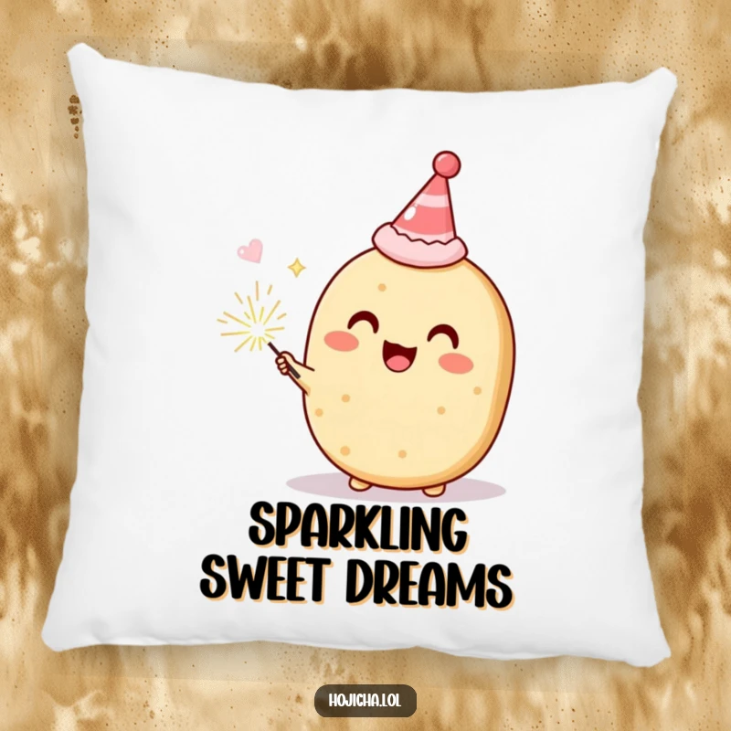 Funny Hojicha cookie in a party hat with a sparkler, delighted, soft pillow for humorous festive comfort, great gift.
