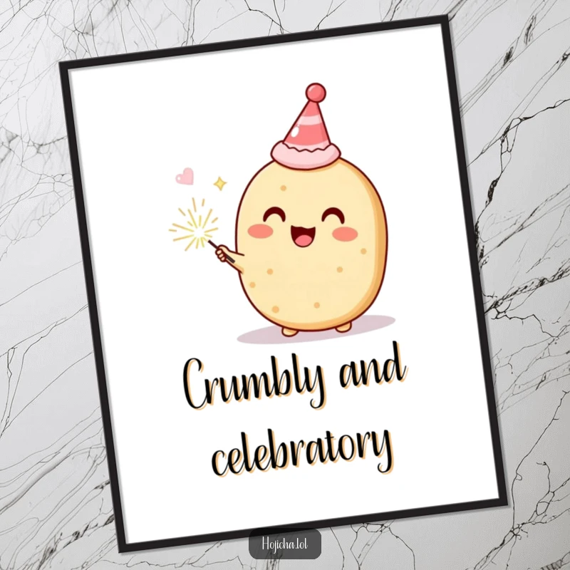 Funny Hojicha cookie wearing a tiny party hat and holding a sparkler, delighted, high-resolution digital art print for humorous decor, perfect gift.