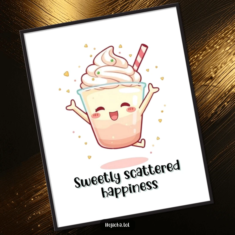 Funny Hojicha parfait character in a joyful jump, scattering sprinkles with glee, high-resolution digital art print for humorous decor, perfect gift.