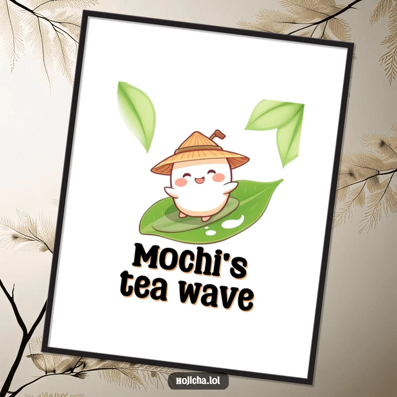 Funny giggling mochi in a straw hat surfing a tea leaf, for digital art print.