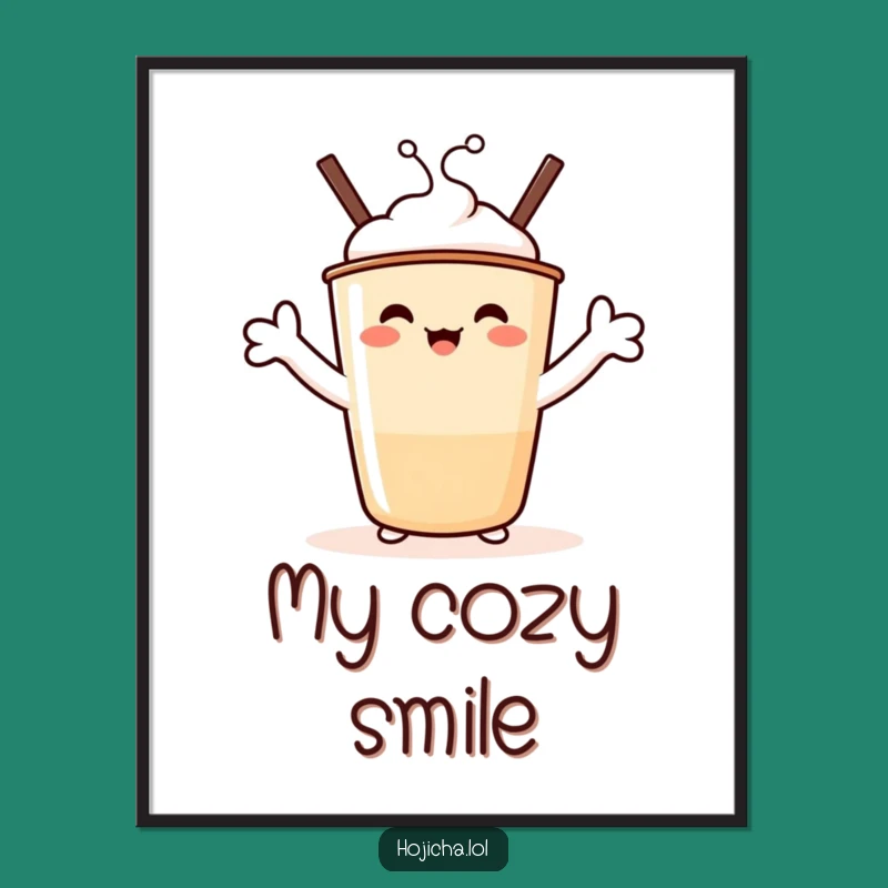 Funny Hojicha Hug Digital Art: Beaming Character with Marshmallow Arms