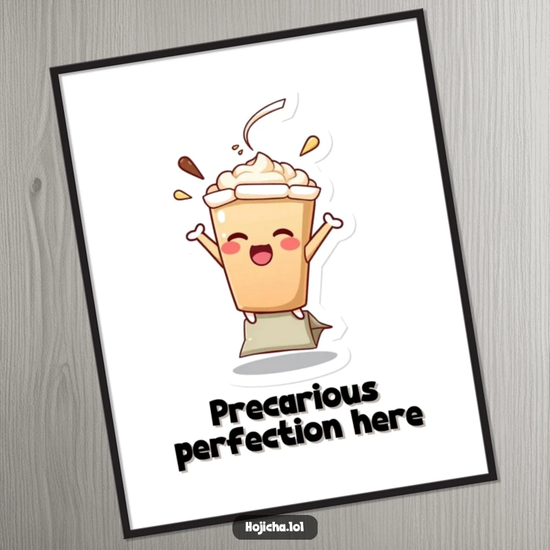 Funny Hojicha latte character in a funny balancing act on a teabag, high-resolution digital art print for humorous home decor, perfect gift.
