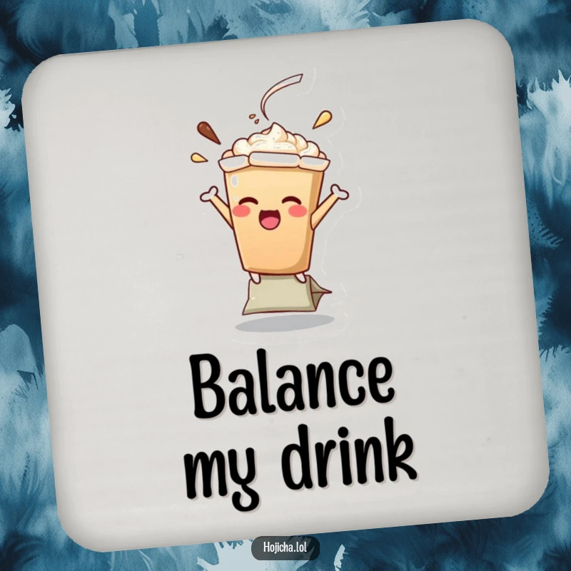 Funny Hojicha latte character hilariously balancing on a teabag, absorbent coaster set for humorous drink protection, great gift.