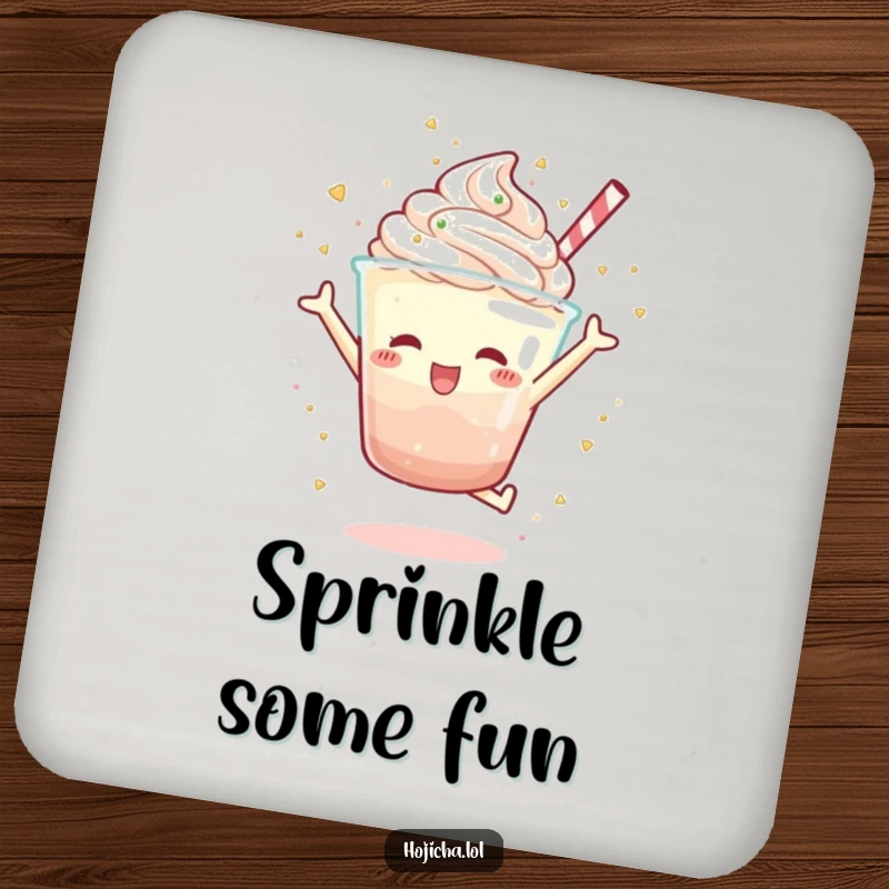 Funny Hojicha parfait character in a joyful jump, scattering sprinkles with glee, absorbent coaster set for humorous table protection, great gift.