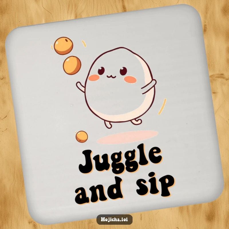 Funny mochi with legs juggling soybeans, on a drink coaster for surface protection.