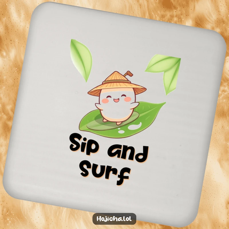 Funny mochi surfing a tea leaf, wearing a straw hat, on a drink coaster.