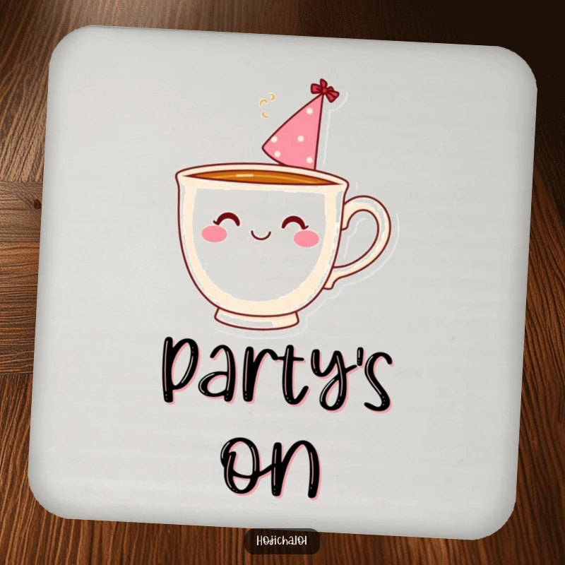 Funny teacup with steam swirl and party hat, on a coaster for drink protection.