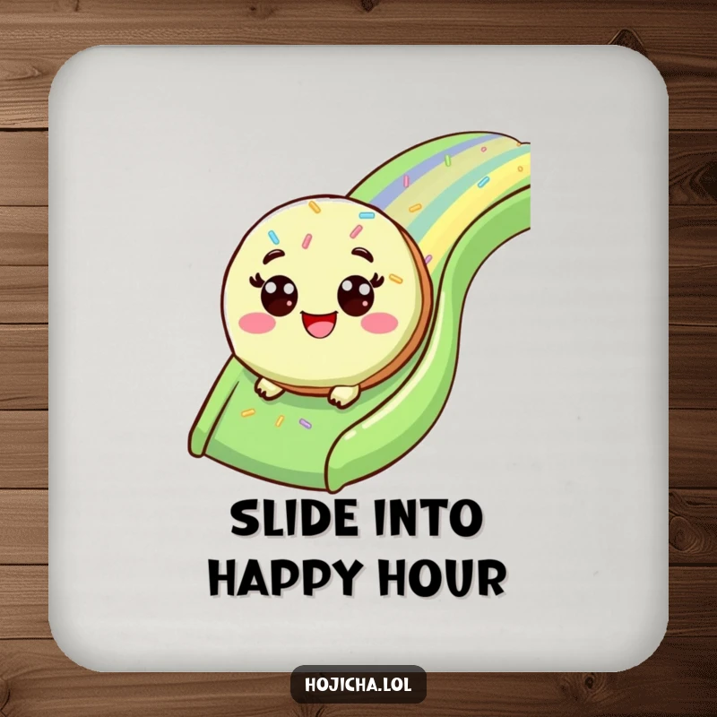 Funny matcha cookie sliding down a sprinkle slide, on a drink coaster.