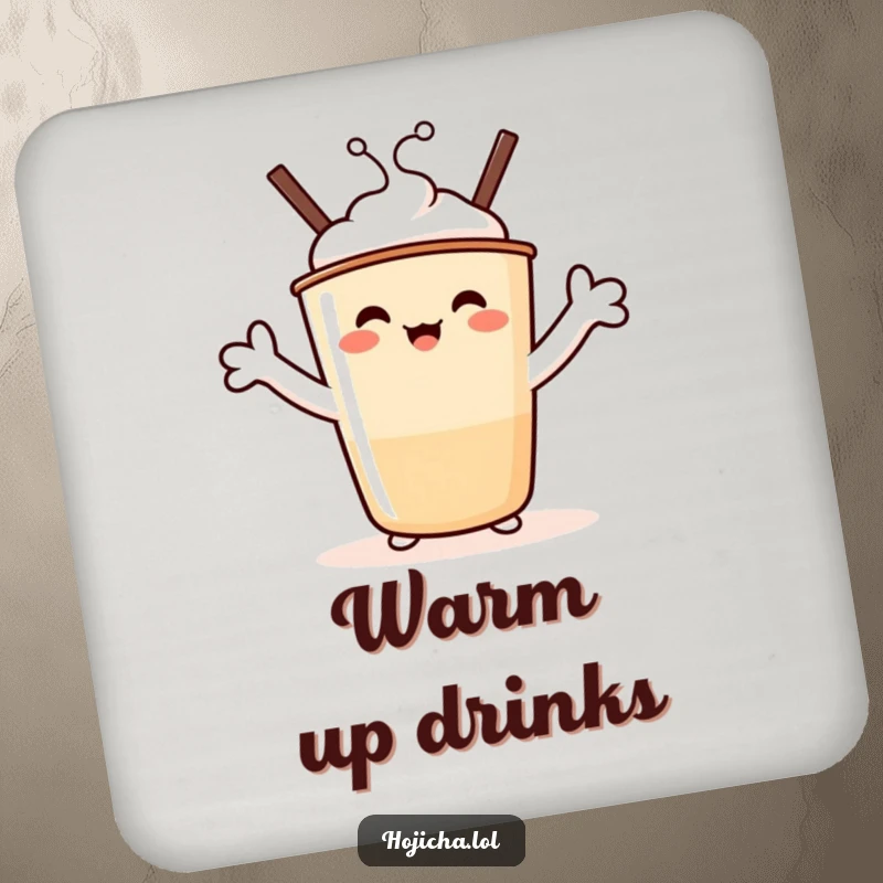 Funny Hojicha Hug Coaster: A beaming Hojicha cup character with marshmallow arms stretched wide, a funny protector for your drinks.