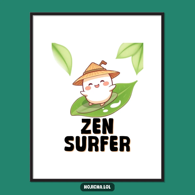 Funny Mochi Surfing Tea Leaf Poster: Tropical Wall Art For Fun Spaces