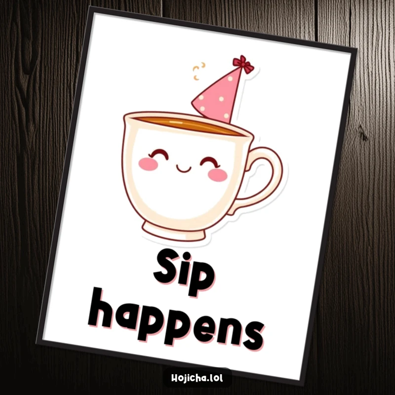 Funny teacup with steam and party hat, smiling joyfully on a poster for wall decor.