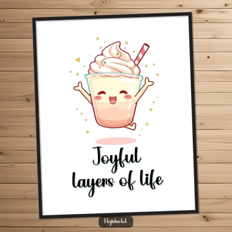 Funny Hojicha parfait character in a joyful jump, scattering sprinkles with glee, humorous poster for sweet wall decor, perfect gift.