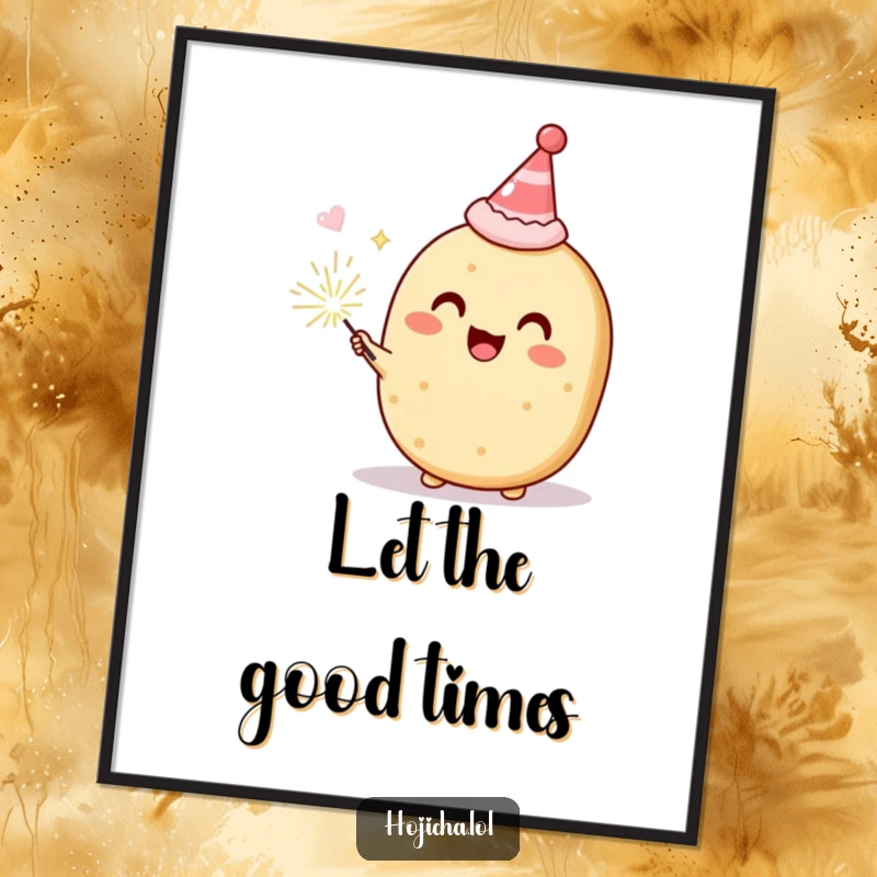 Funny Hojicha cookie in a party hat with a sparkler, delighted, humorous poster for festive wall decor, perfect gift.