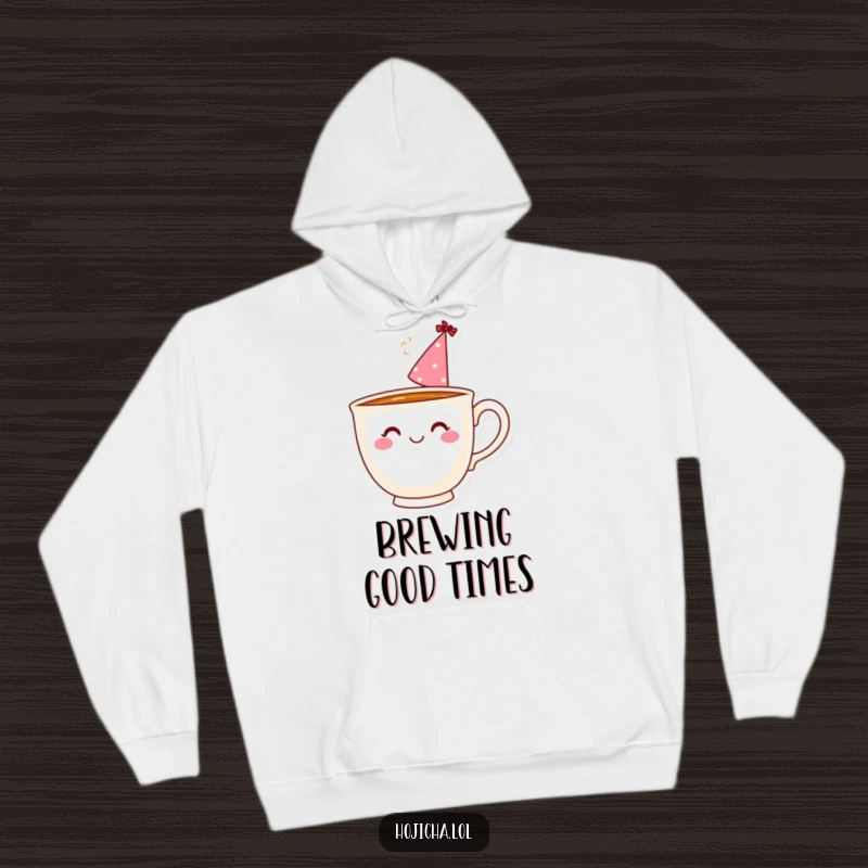 Funny teacup wearing a party hat with a steam swirl, printed on a soft hoodie.