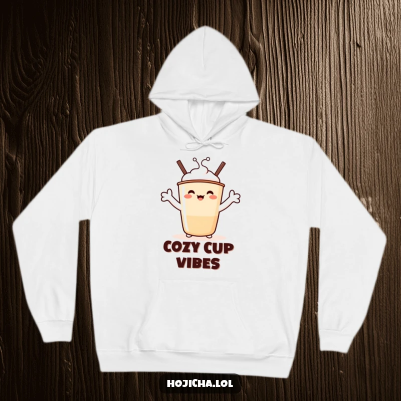 Funny Hojicha Hug Hoodie: A beaming Hojicha cup character with marshmallow arms outstretched, offering a funny, warm embrace in soft comfort.