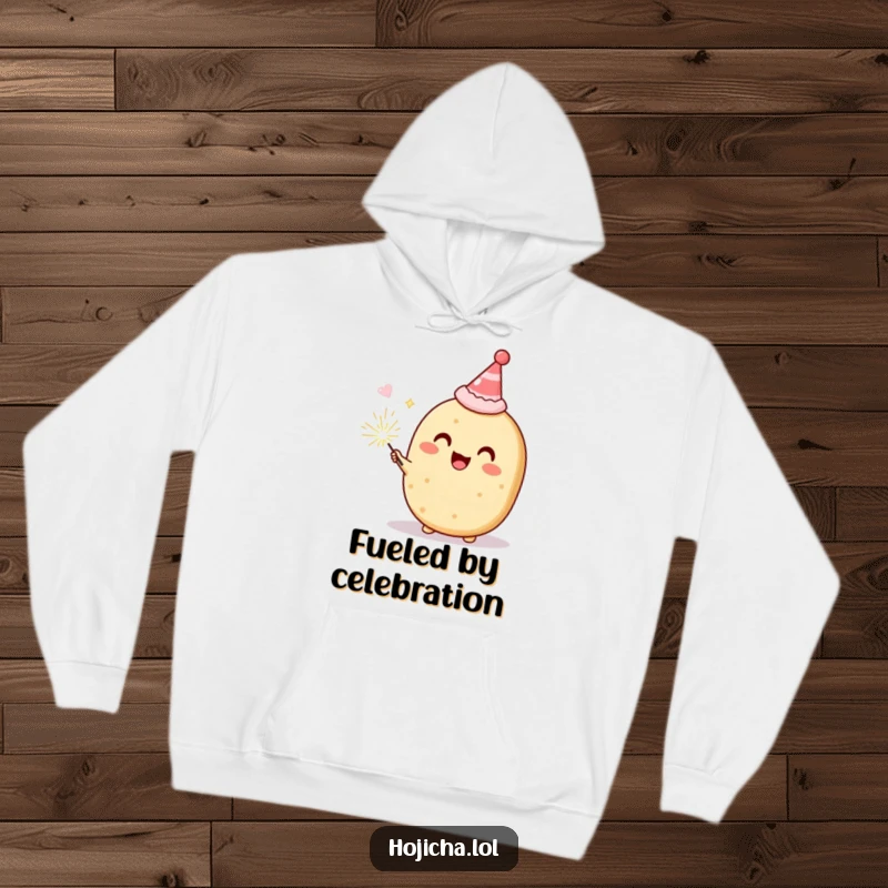 Funny Hojicha cookie in a party hat with a sparkler, delighted, humorous hoodie for cozy and festive occasions, perfect gift.