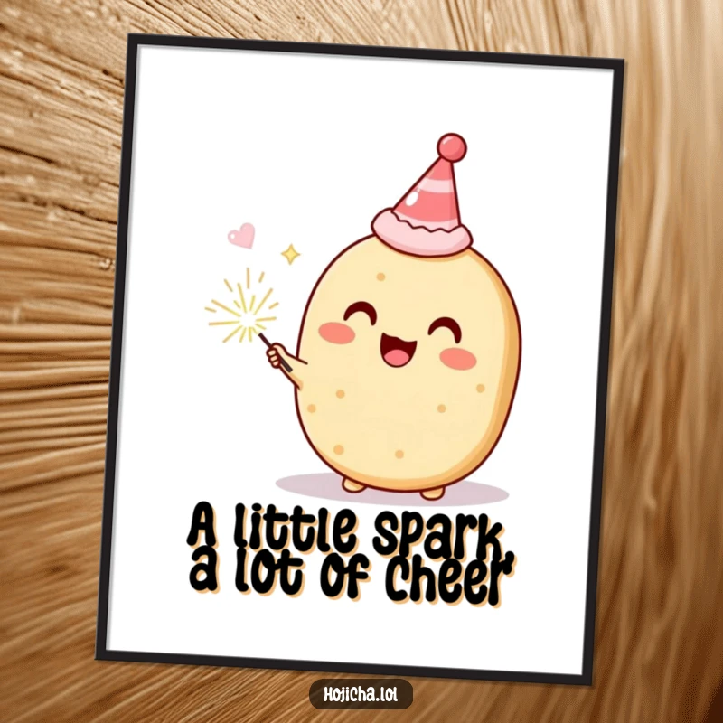 Funny Free Printable Wall Art of a Hojicha cookie character in a party hat, holding a bright sparkler, ready to party.