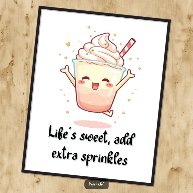 Funny Free Printable Wall Art of a Hojicha parfait character joyfully jumping and scattering colorful sprinkles, a sweet delight.
