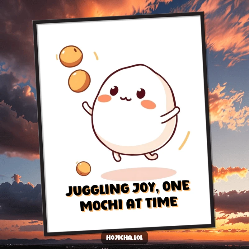 Funny Free Printable Juggling Mochi with little legs, tossing soybeans, ideal for playful wall art.