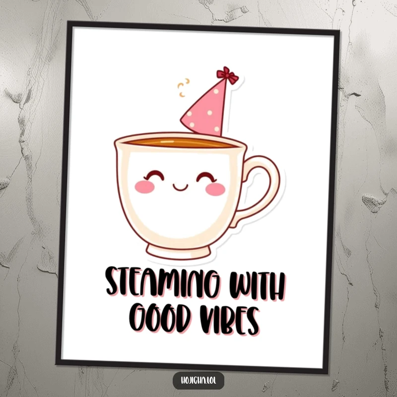 Funny Free Printable Smiling Teacup with a party hat and steam swirl, perfect for cheerful wall art.