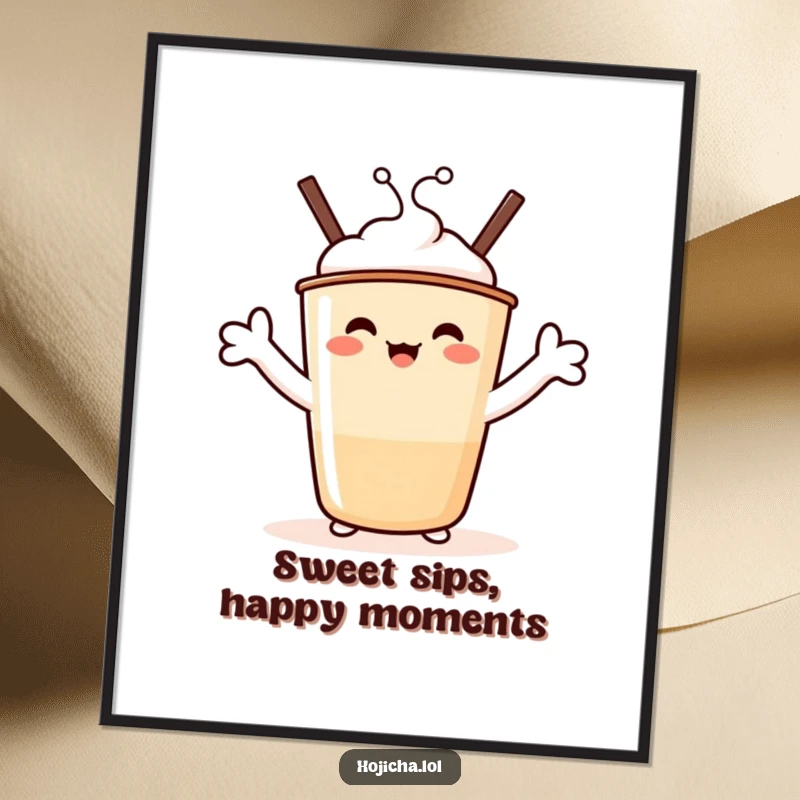 Funny Free Printable Wall Art: A beaming Hojicha cup character with marshmallow arms stretched wide, radiating happiness.