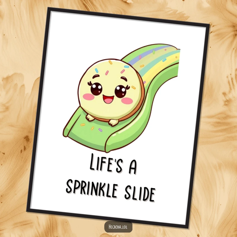 Funny Free Printable Cheerful Matcha Cookie with wide eyes, sliding down a rainbow sprinkle slide, for fun wall art.