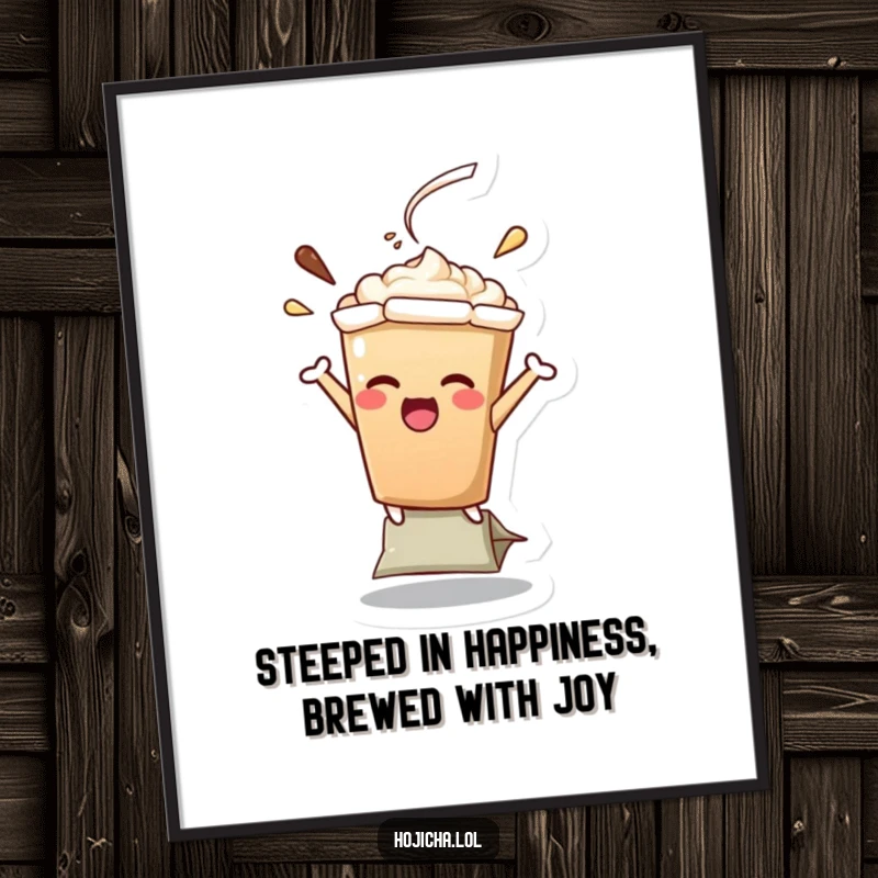 Funny Free Printable Wall Art of a Hojicha latte character joyfully balancing on a teabag, perfect for kitchen decor.