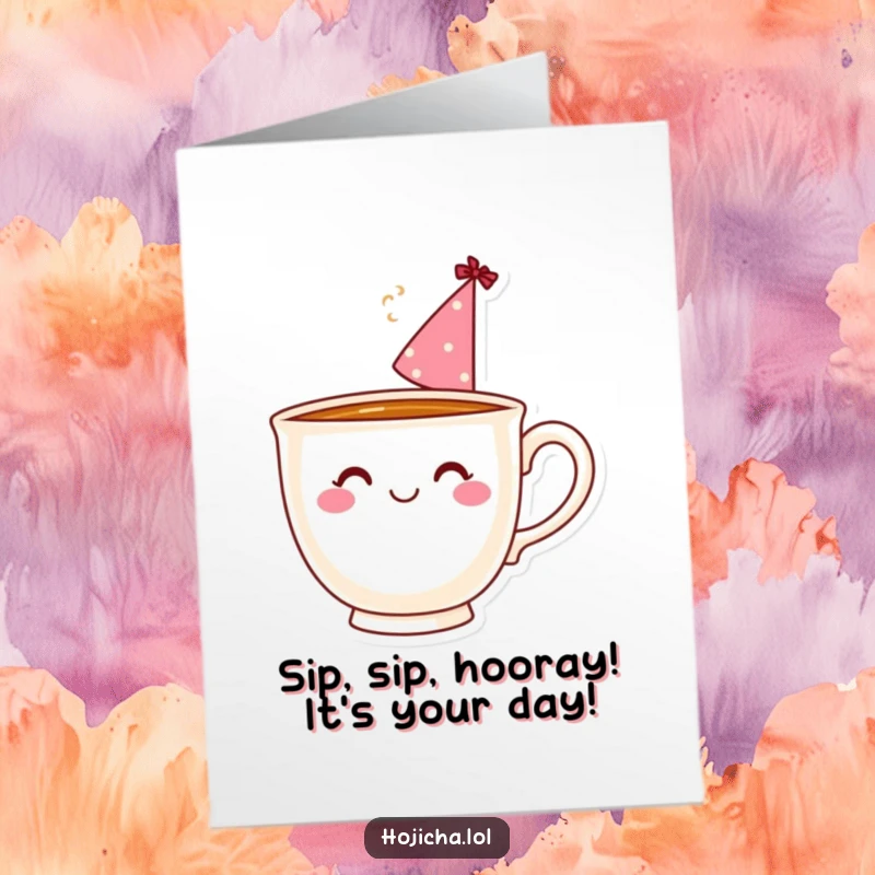 Funny Free Printable Smiling Teacup wearing a party hat with steam swirling, ready to celebrate a birthday.
