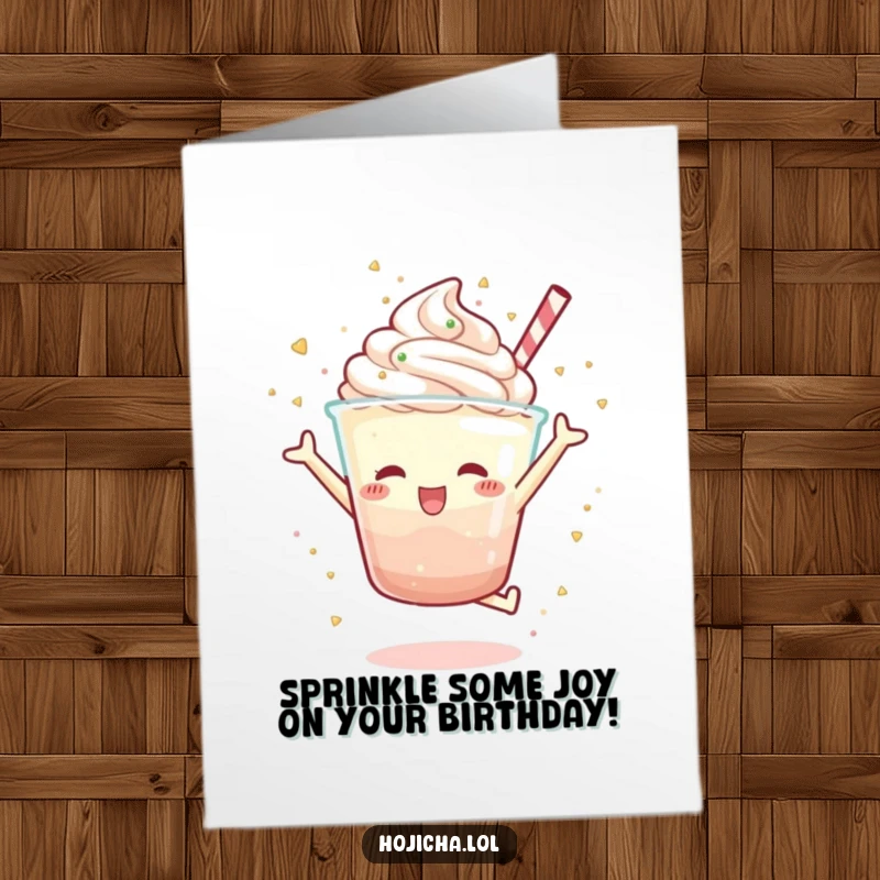 Funny Free Printable Birthday Card of a Hojicha parfait character joyfully jumping and scattering colorful sprinkles everywhere.