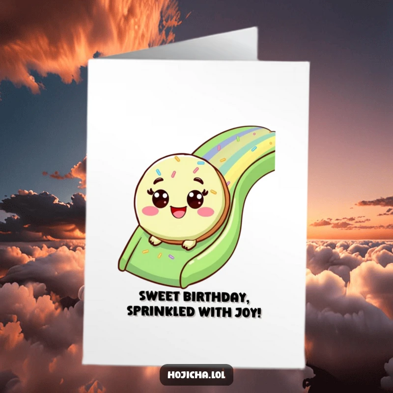 Funny Free Printable Cheerful Matcha Cookie with wide eyes, sliding down a rainbow sprinkle slide for a birthday.
