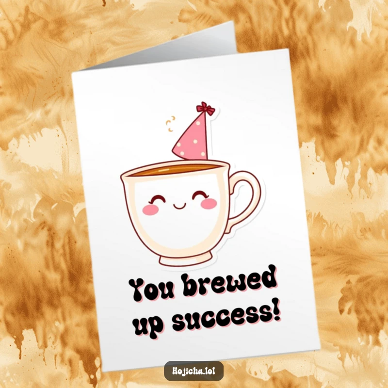 Funny Free Printable Smiling Teacup wearing a party hat with steam, toasting to congratulations.