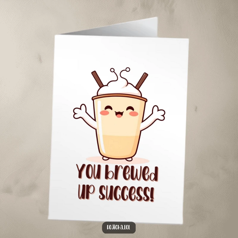 Funny Free Printable Congrats Card: Smiling Hojicha cup character giving marshmallow arms hugs for congratulations.