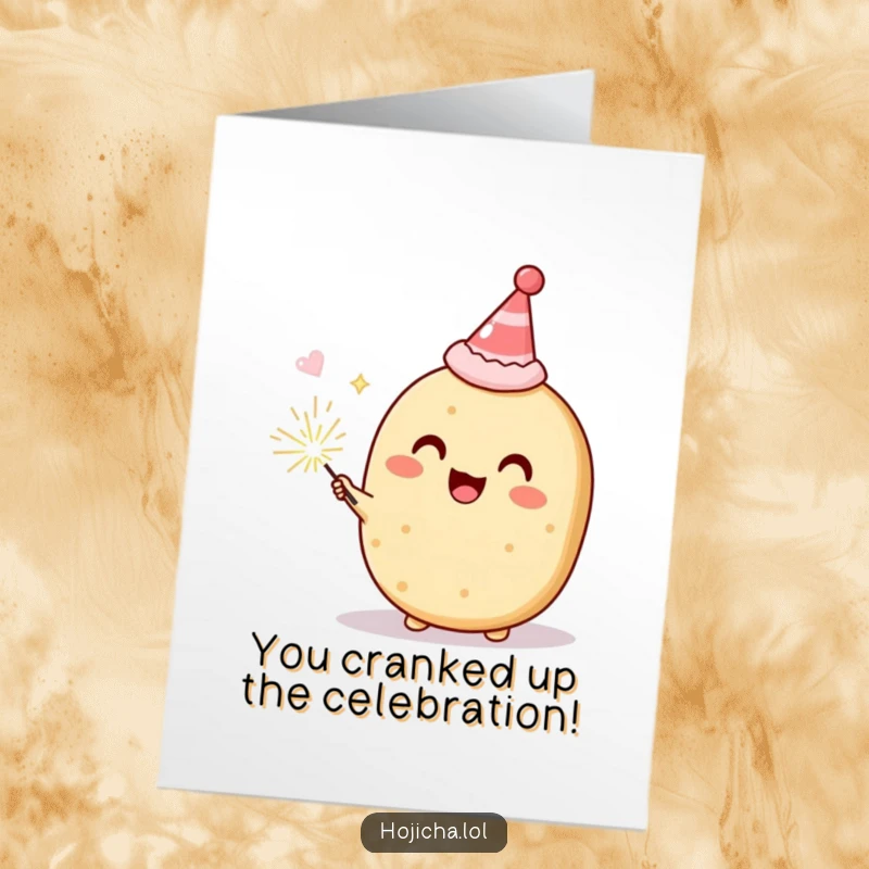 Funny Free Printable Congratulations Card featuring a happy Hojicha cookie character with a party hat and a sparkling sparkler.
