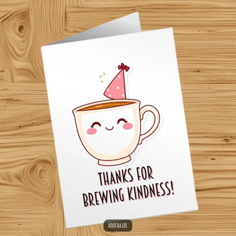 Funny Free Printable Smiling Teacup wearing a party hat with steam, offering a warm and thankful hello.
