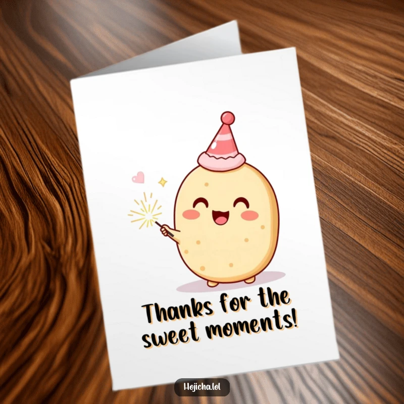 Funny Free Printable Thank You Card showing a Hojicha cookie character in a party hat, gleefully holding a sparkler.